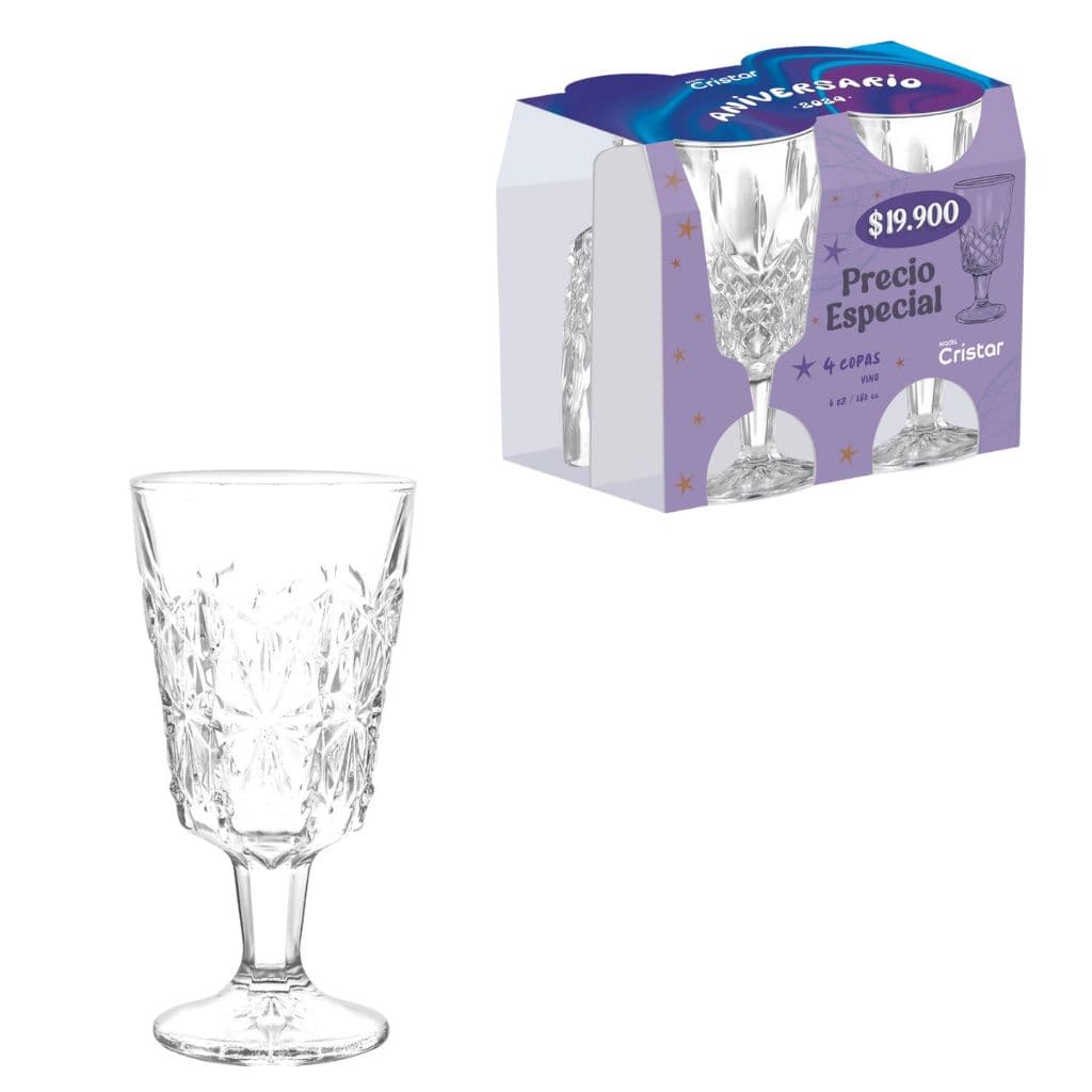 Set x 4 Vasos Diamante Aniversario 6 oz/ Cristar